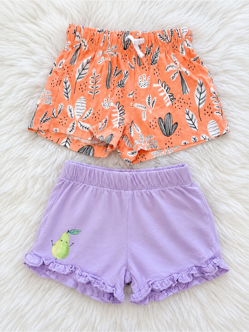 2-Pack Girls' Peach Leaf Print & Lavender Ruffle Cotton Shorts